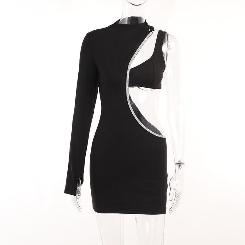 Mock Neck Rhinestone Trim S-Curve Cutout One-Sleeve Bodycon Mini Dress