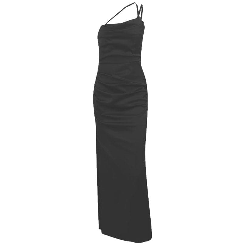 One-Shoulder Double Strap Ruched Satin Side Slit Maxi Gown