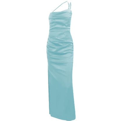 One-Shoulder Double Strap Ruched Satin Side Slit Maxi Gown
