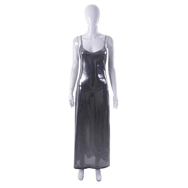Metallic V Neck Backless Spaghetti Strap Cami Maxi Dress