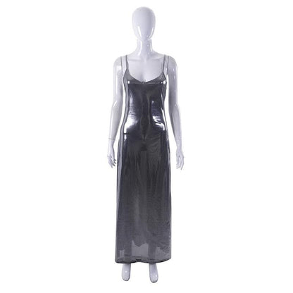 Metallic V Neck Backless Spaghetti Strap Cami Maxi Dress
