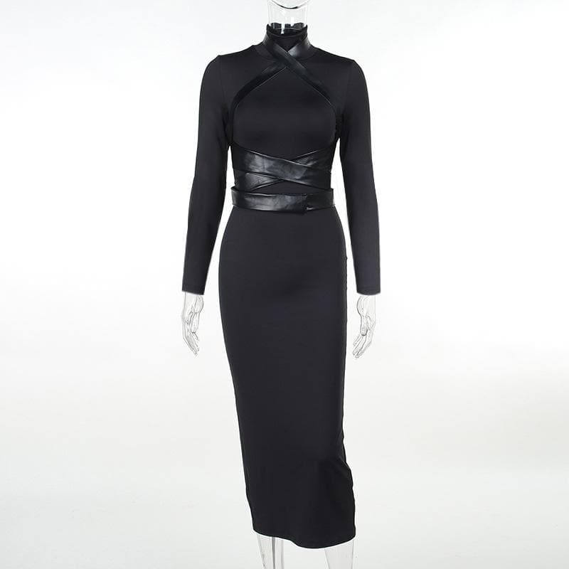 High Neck Faux Leather Harness Strap Bodycon Midi Dress