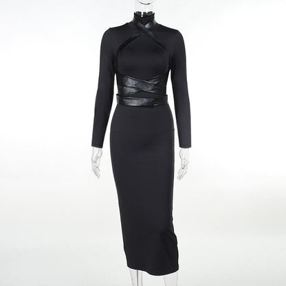 High Neck Faux Leather Harness Strap Bodycon Midi Dress