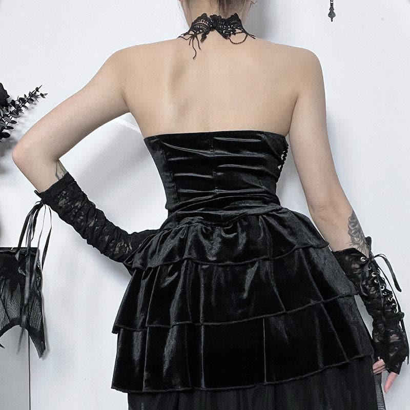 Halter Lace Trim Velvet Corset Tiered Train Skirt Set
