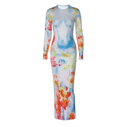 Crew Neck Trompe L Oeil Anatomical Torso Abstract Floral Maxi Dress
