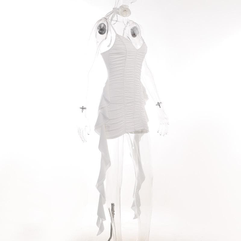 Ruched Deep V-Neck Choker Rosette Side Drape Cami Mini Dress