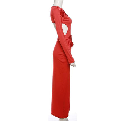Long Sleeve Side Cutout Bow Detail Bodycon Maxi Dress