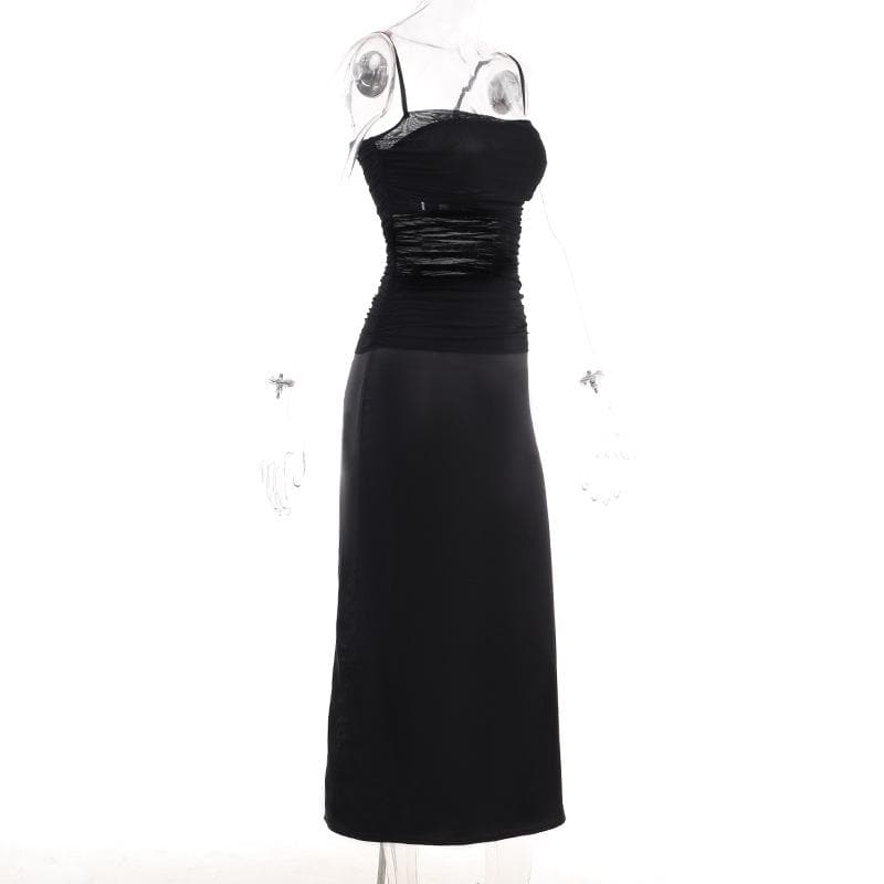 Square Neck Ruched Mesh Satin Panel Maxi Dress