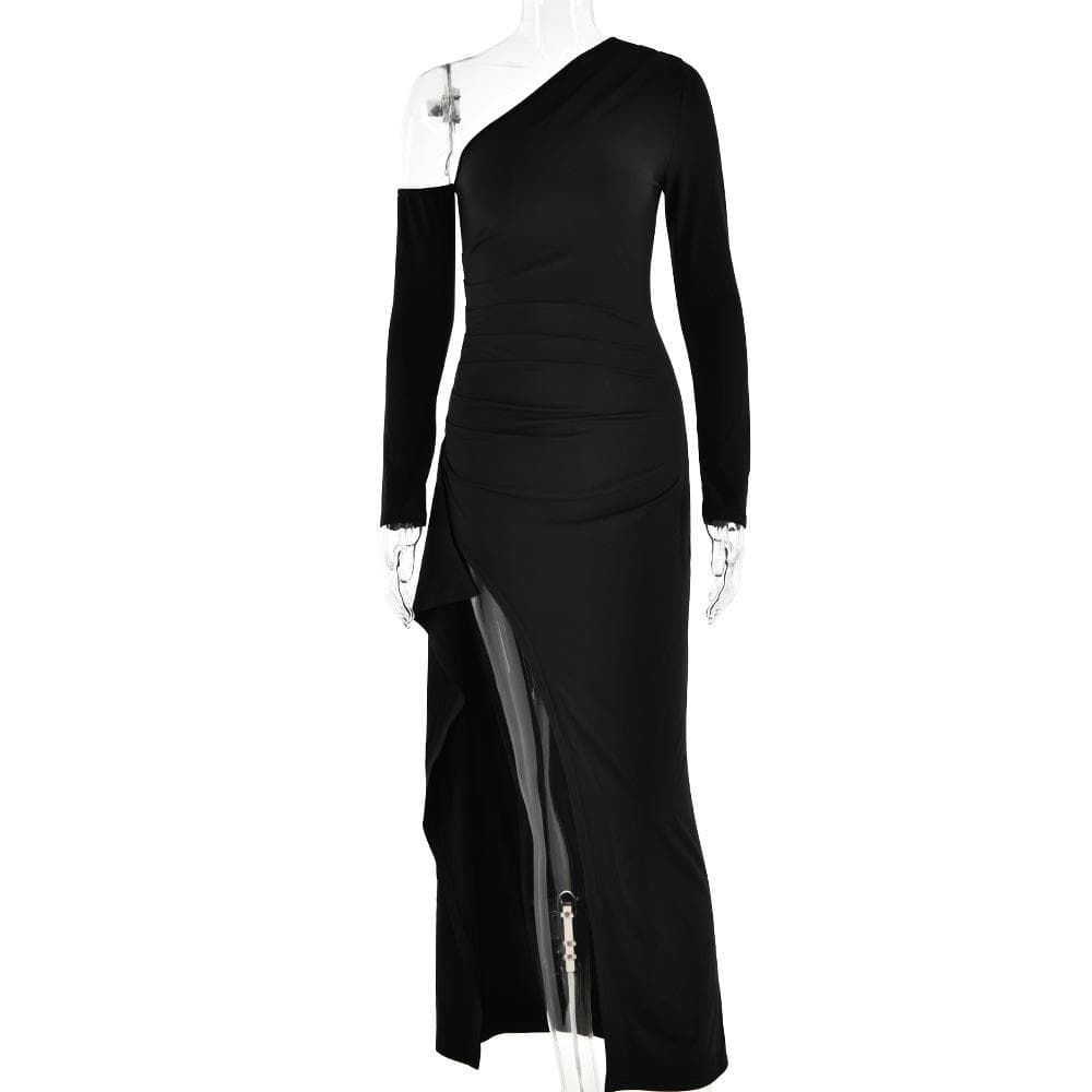 One Shoulder Ruched Detached Sleeve High Slit Bodycon Maxi Dress