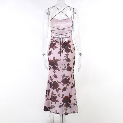 Cowl Neck Criss Cross Strap Floral Mermaid Maxi Gown