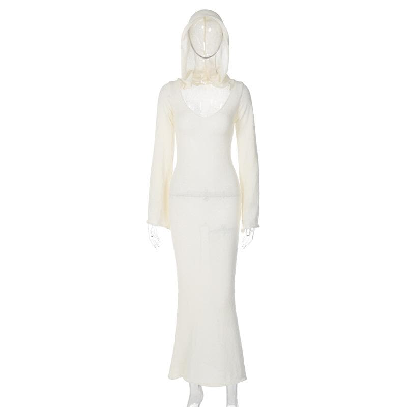Hooded U Neck Long Sleeve Rib Knit Maxi Dress