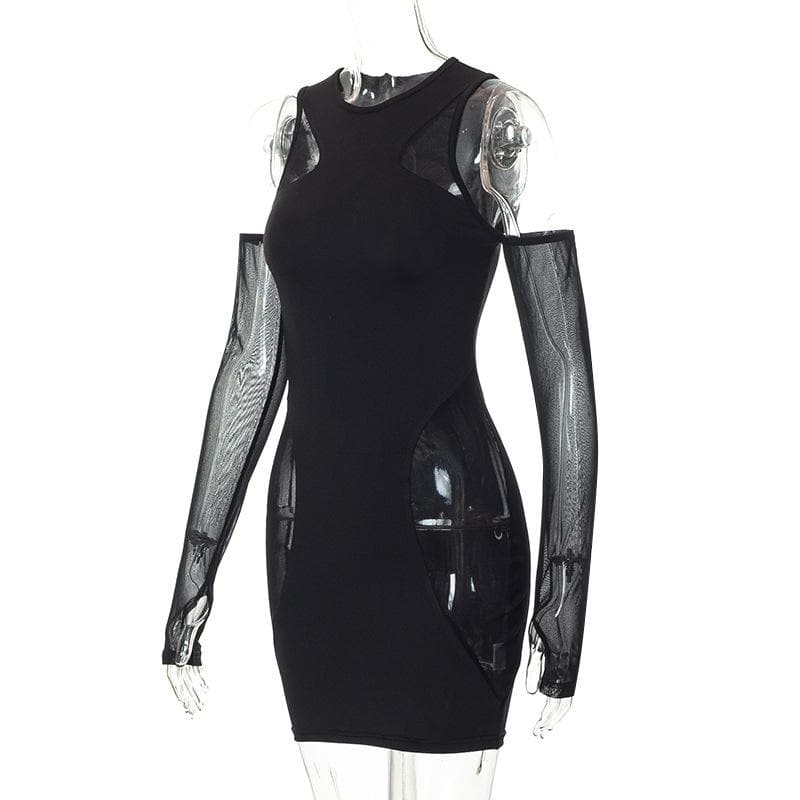 Crew Neck Mesh Panel Cutout Detached Glove Sleeve Mini Dress