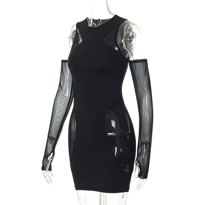 Crew Neck Mesh Panel Cutout Detached Glove Sleeve Mini Dress