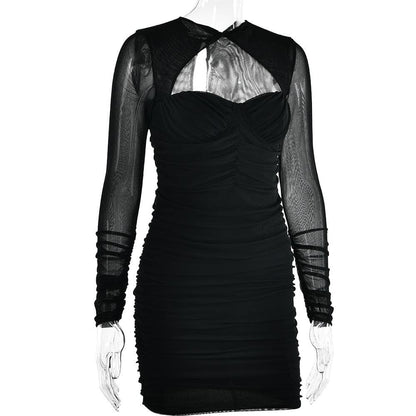 Twist Neck Mesh Sleeve Chest Cutout Ruched Bodycon Mini Dress