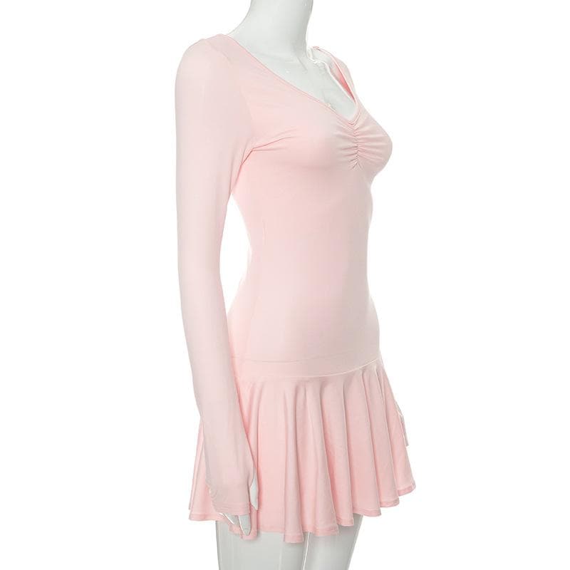 Deep V Ruched Glove Sleeve Ruffle Trim Mini Dress
