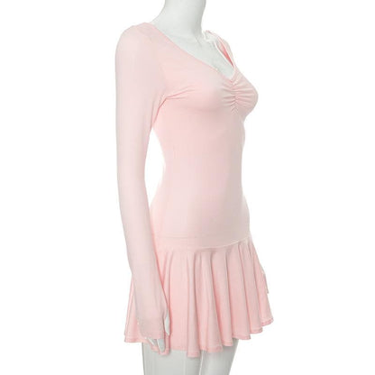 Deep V Ruched Glove Sleeve Ruffle Trim Mini Dress