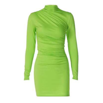 Mock Neck Diagonal Ruched Long Sleeve Bodycon Mini Dress