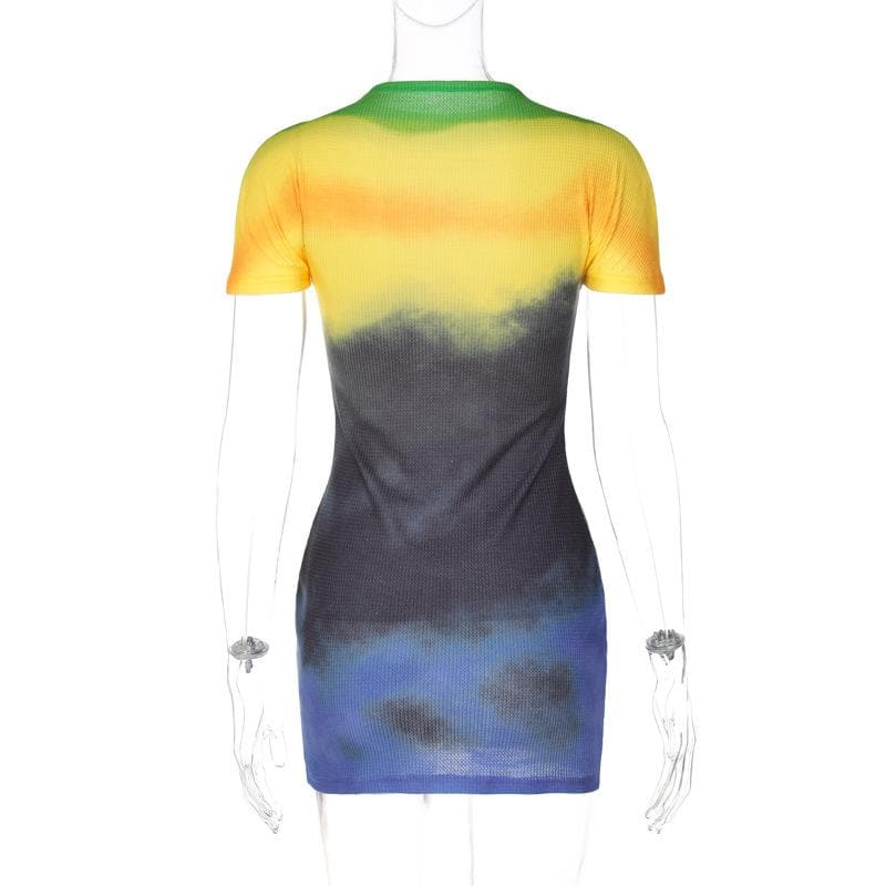 Ribbed Knit Tie Dye Gradient Mock Neck Short Sleeve Mini Dress