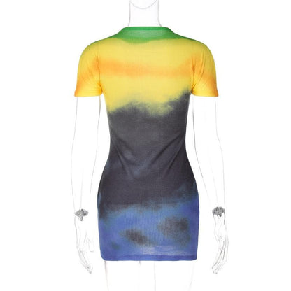 Ribbed Knit Tie Dye Gradient Mock Neck Short Sleeve Mini Dress