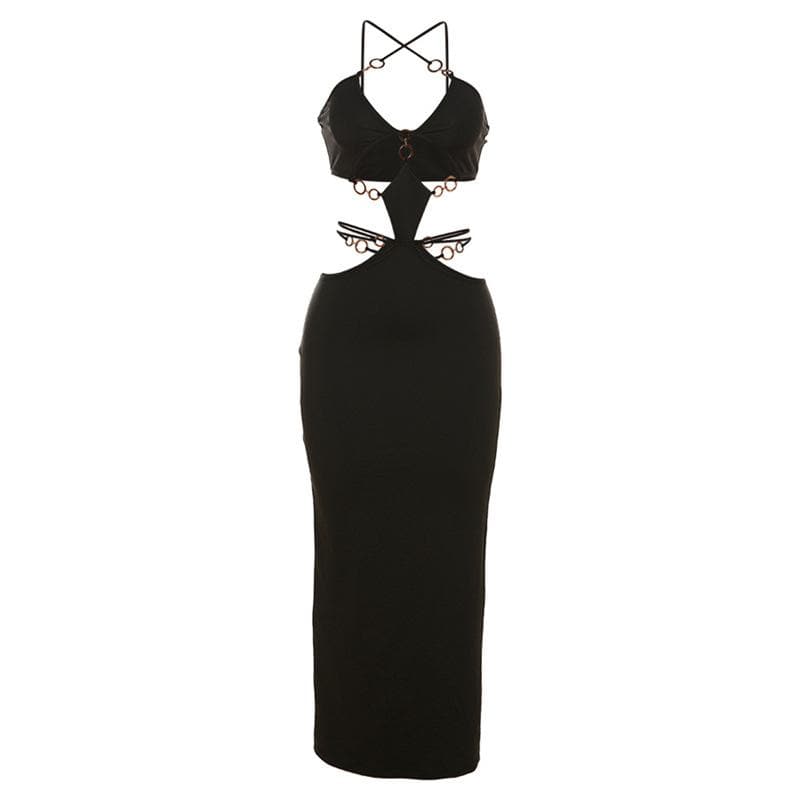 Plunging V-Neck Spaghetti Strap Midriff Ring Cutout Ribbed Maxi Dress