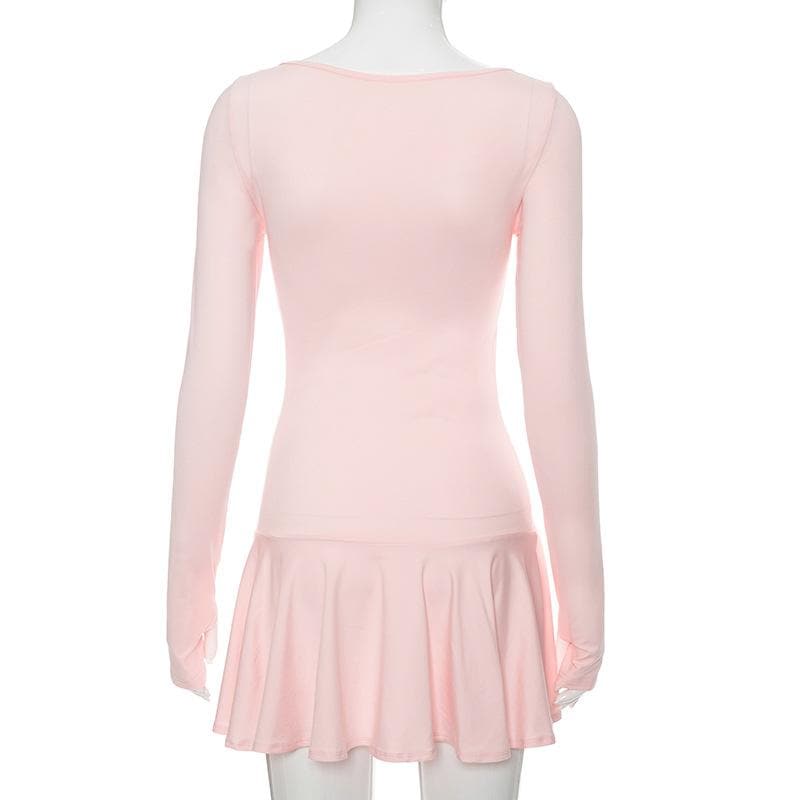 Deep V Ruched Glove Sleeve Ruffle Trim Mini Dress