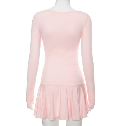 Deep V Ruched Glove Sleeve Ruffle Trim Mini Dress