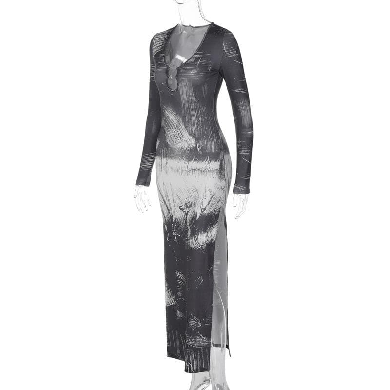 Brushstroke Print O-Ring Cutout Long Sleeve High Slit Maxi Dress