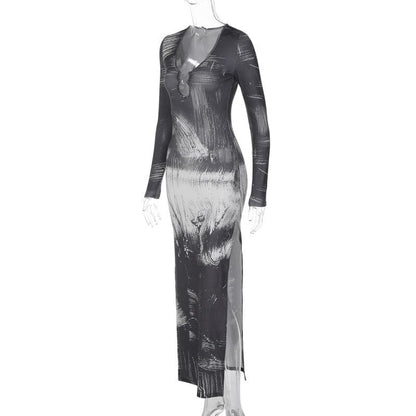 Brushstroke Print O-Ring Cutout Long Sleeve High Slit Maxi Dress