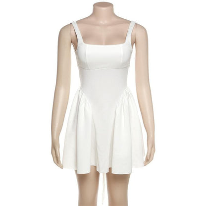 Square Neck Basque Waist Flared Bow Tie Back Mini Dress