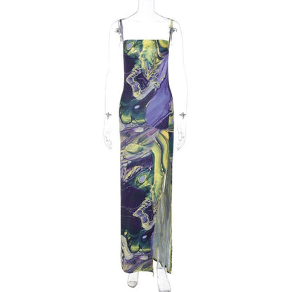 Abstract Marble Print Cowl Neck Spaghetti Strap Side Slit Midi Dress