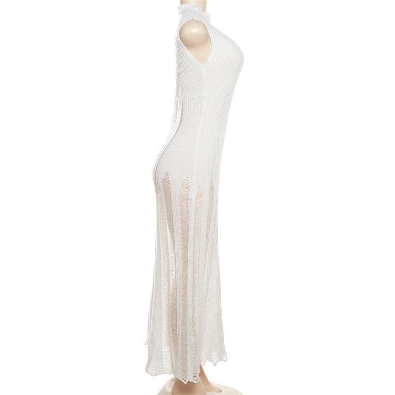Sleeveless Mock Neck Ribbed Knit Distressed Ladder Hem Maxi Dress