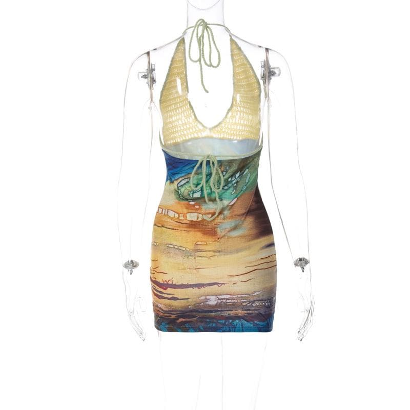 Crochet Halter Plunging Neck Abstract Landscape Print Mini Dress
