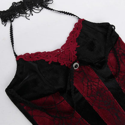 Halter Lace Trim Velvet Corset Tiered Train Skirt Set
