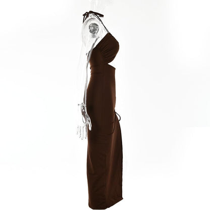 Halter Keyhole Midriff Cutout Drawstring Side Slit Maxi Dress