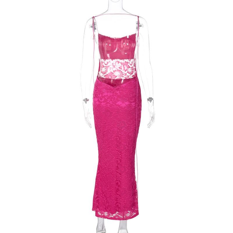 Floral Lace Spaghetti Strap Sheer Midriff Bodycon Maxi Dress
