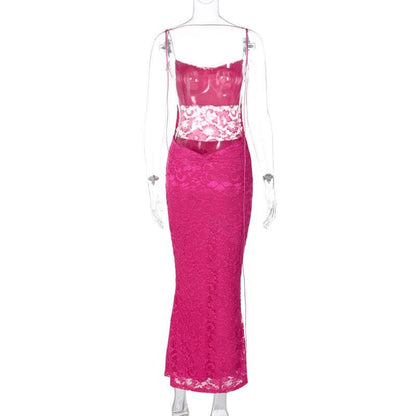 Floral Lace Spaghetti Strap Sheer Midriff Bodycon Maxi Dress