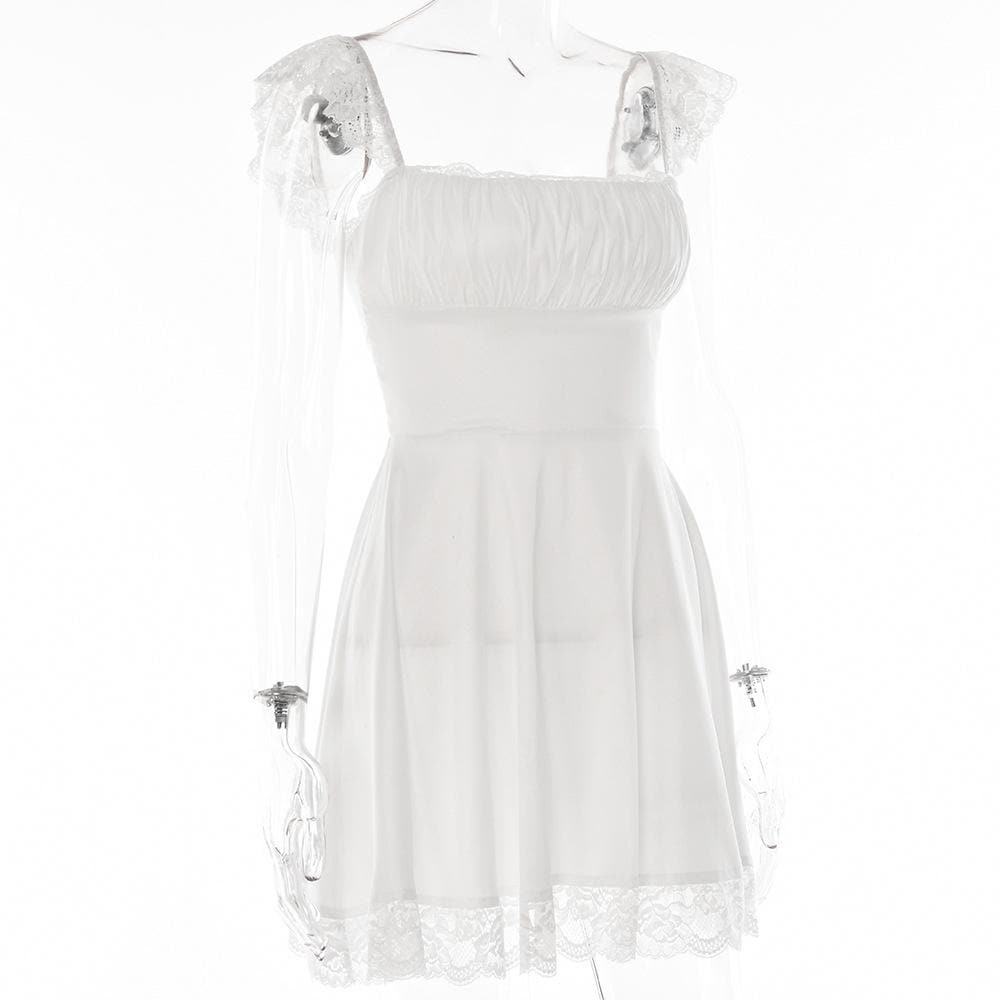 Square Neck Ruched Lace Strap Lace Hem Zip Mini Dress