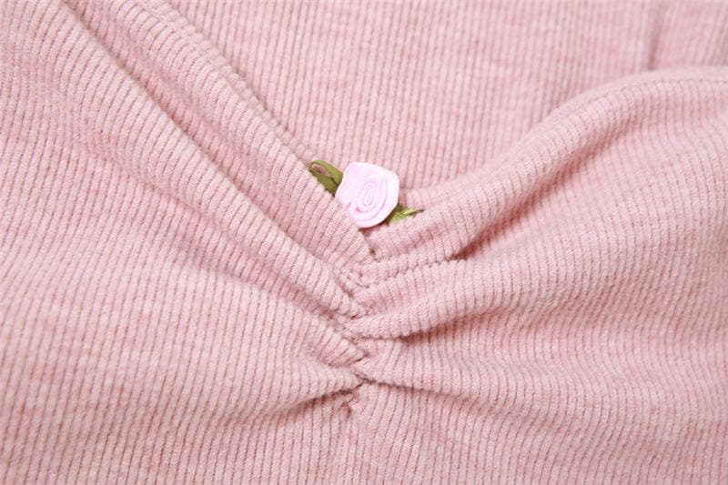 Rib Knit Sweetheart Ruched Pearl Long Sleeve Ruffle Hem Mini Dress
