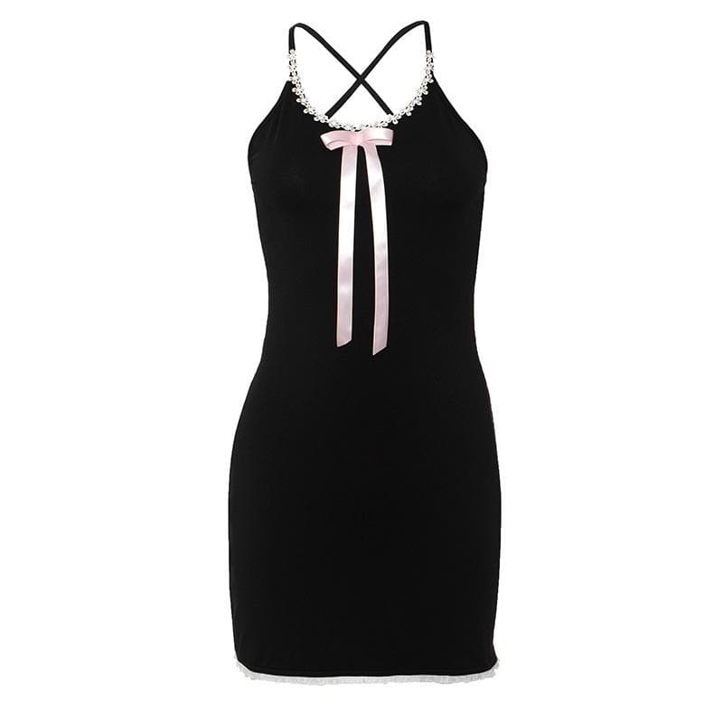 Lace Trim Scoop Neck Ribbon Bow Long Tail Lace Hem Mini Dress
