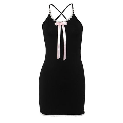 Lace Trim Scoop Neck Ribbon Bow Long Tail Lace Hem Mini Dress