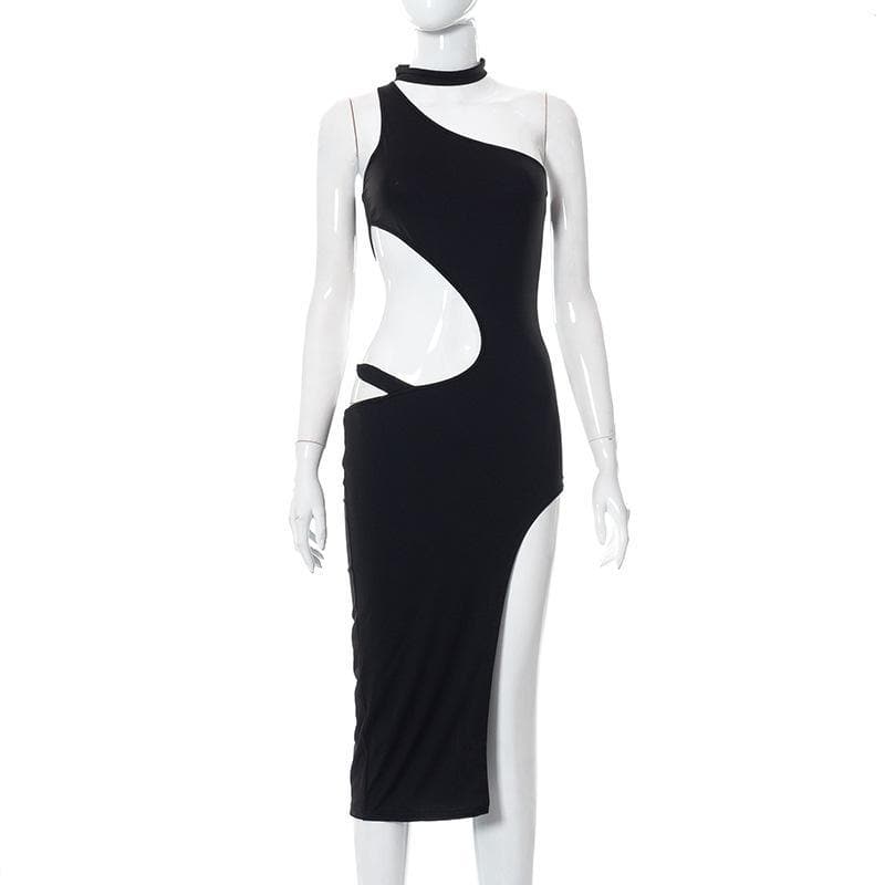 One Shoulder Choker Neck Waist Cutout Asymmetric Hem Mini Dress