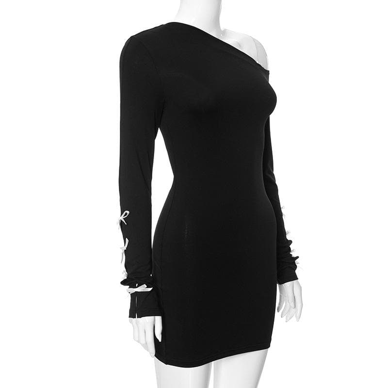 One Shoulder Bow Tie Slit Sleeve Long Sleeve Hollow Out Mini Dress