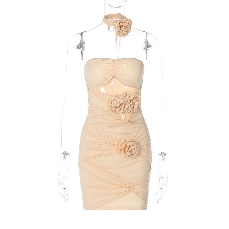 Choker Halter Ruched Flower Applique Hollow Out Tube Mini Dress