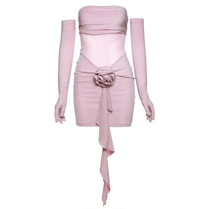 Strapless Glitter Mesh Flower Applique Ruched Ruffle Hem Tube Mini Dress with Opera Gloves