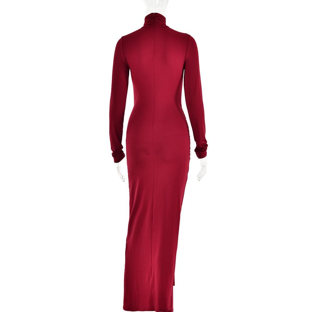 Mock Neck Ruched Self-Tie Drape Panel Bodycon Maxi Dress