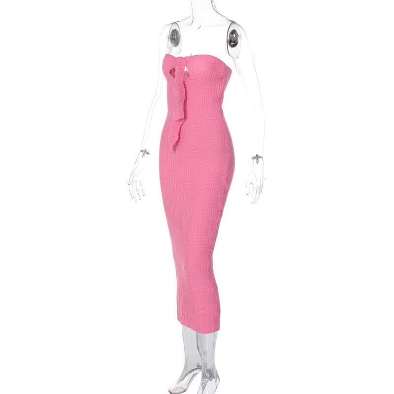 Strapless Sweetheart Basketweave Knit Keyhole Tie Front Column Midi Dress