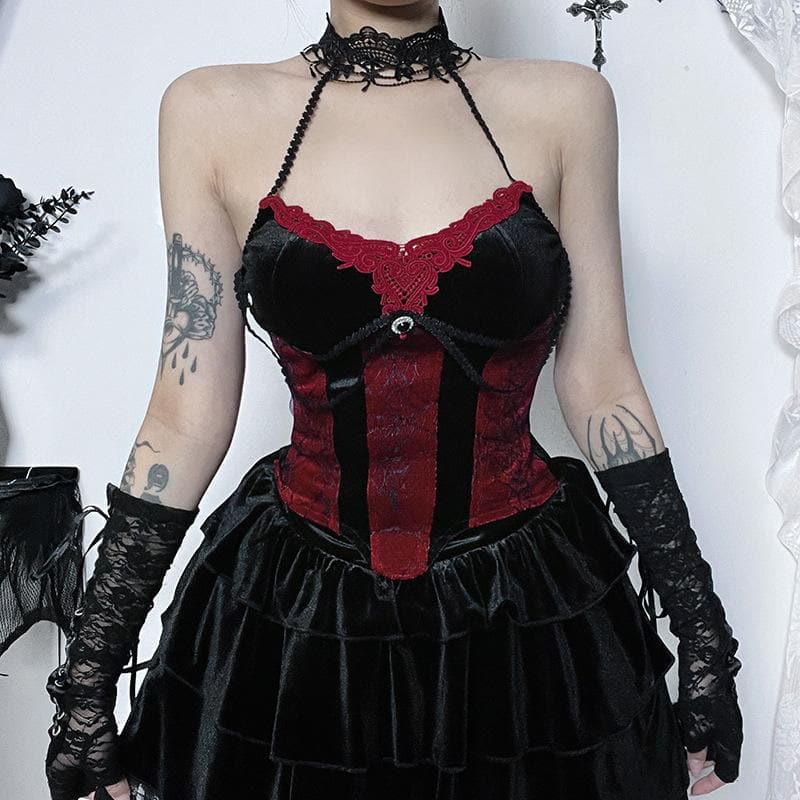 Halter Lace Trim Velvet Corset Tiered Train Skirt Set