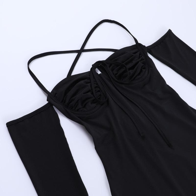 Sweetheart Tie Front Cold Shoulder Long Sleeve A-Line Mini Dress