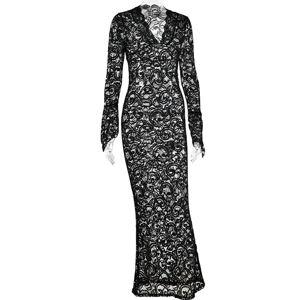 Lace V Neck Long Sleeve Sheer Flared Leg Jumpsuit
