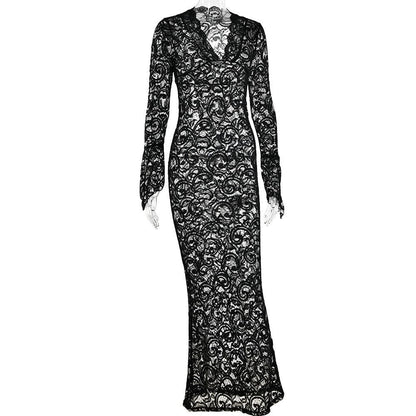 Lace V Neck Long Sleeve Sheer Flared Leg Jumpsuit